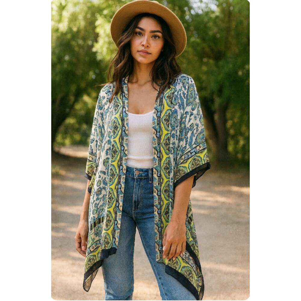 RACHEL ZOE Kimono Cardigan Caftan Blue Yellow Floral Mandala Boho Coverup NWT